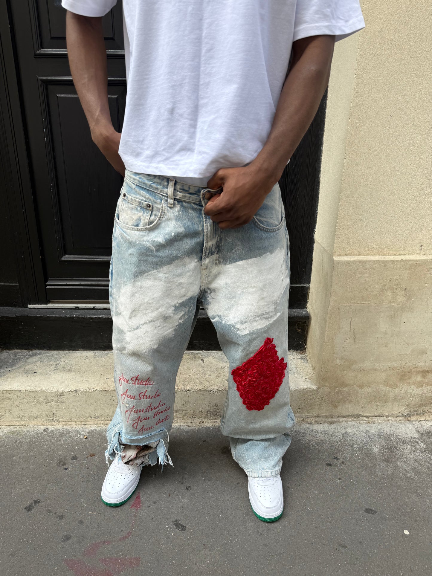 Red flower jeans