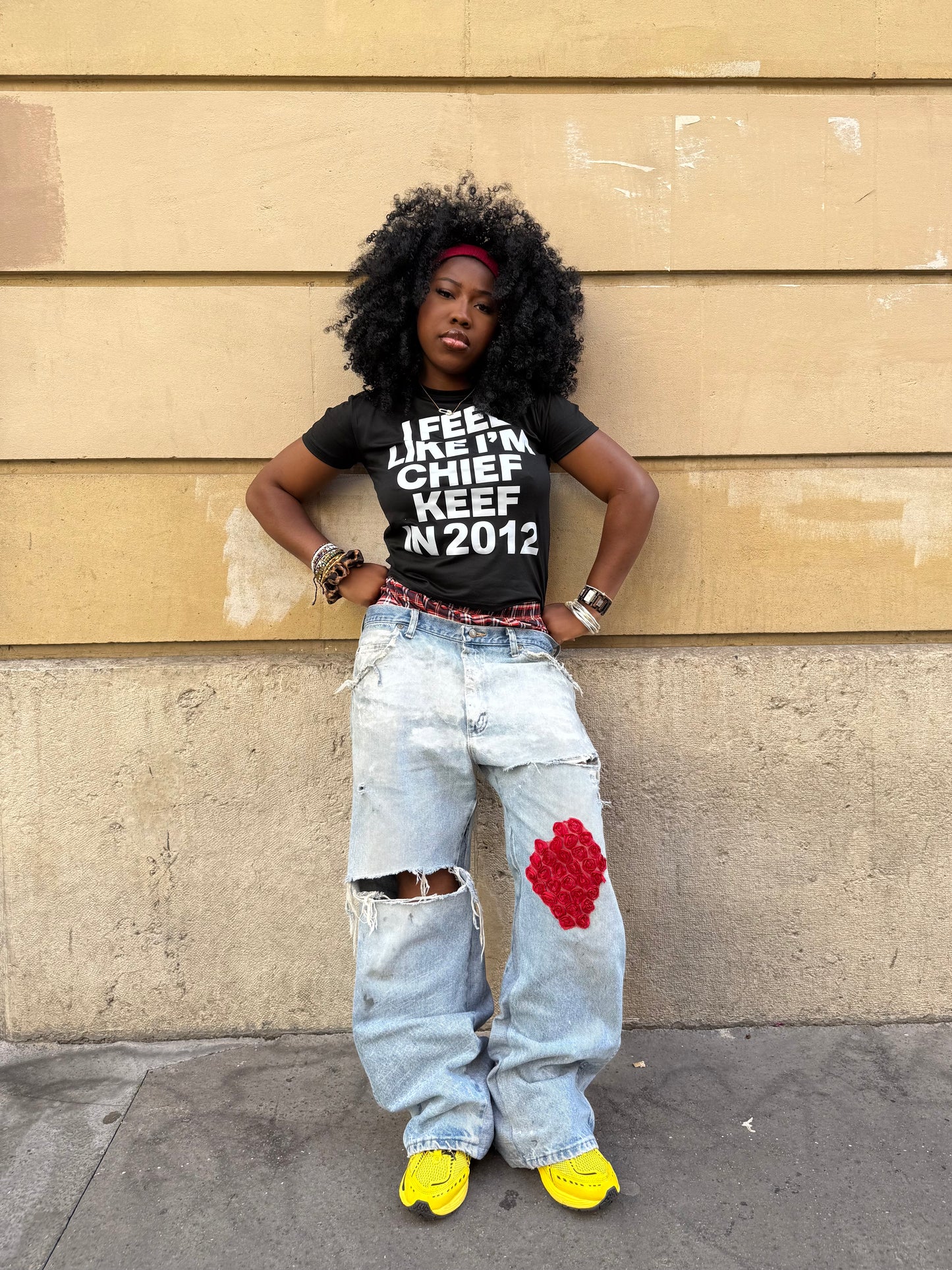 Red flower jeans